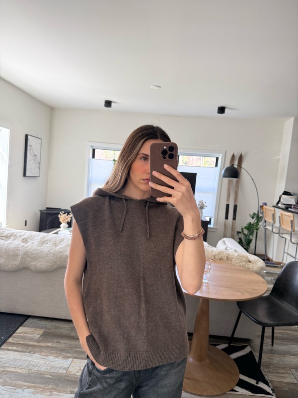 The Frankie Shop Brown Hooded Sleeveless Knit Sweater